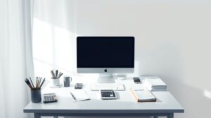 Een opgeruimd kantoorbureau met computer, rekenmachine en papierwerk.