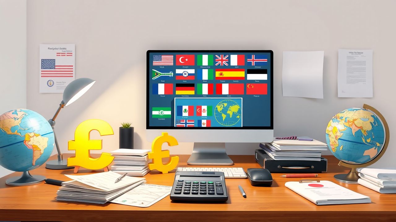 Een kantooromgeving met wereldwijde financiële en zakelijke elementen.