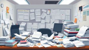 Een rommelig kantoorbureau met verspreide papierwerk en administratieve taken.