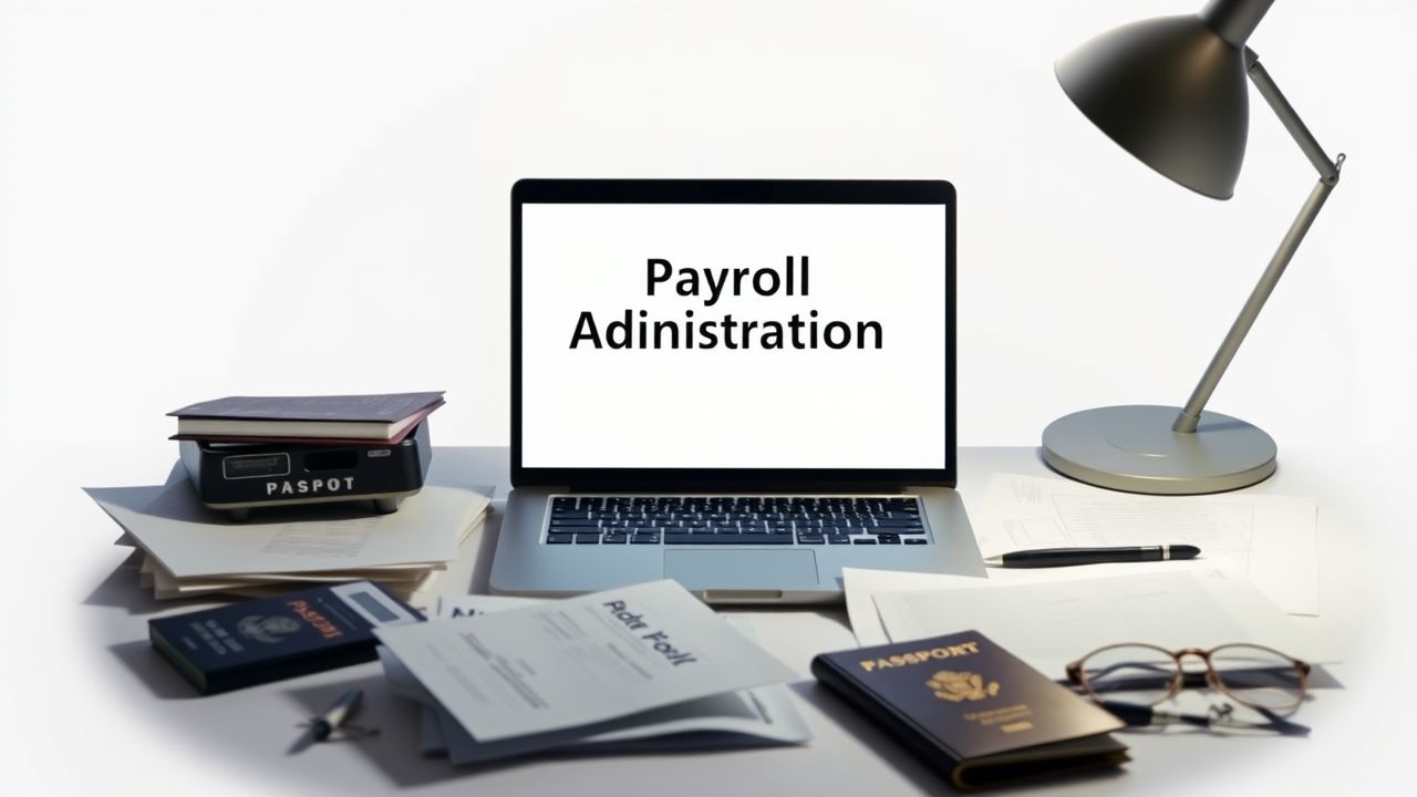 Een rommelig kantoor met een open laptop toont loonadministratie en papierwerk.