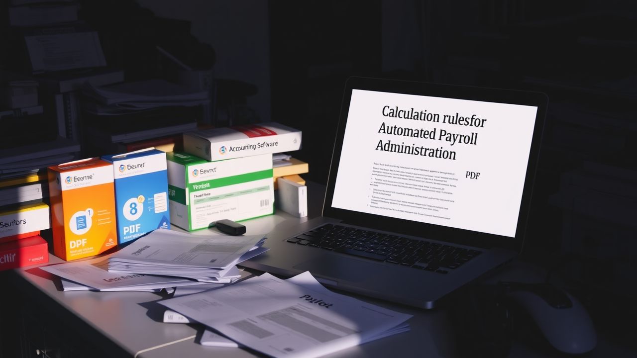 Een rommelig kantoor met payroll documenten en software.