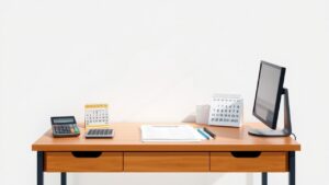Een georganiseerd kantoorbureau met loonadministratieformulieren, een computer en een kalender.