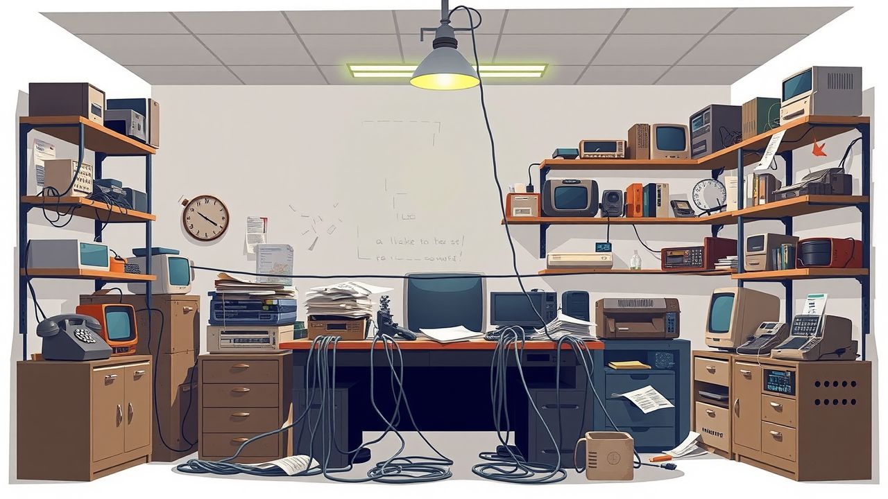 Een rommelig en verouderd kantoor met een rommelig bureau en oude technologie. Een rommelig en verouderd kantoor met een rommelig bureau en oude technologie.