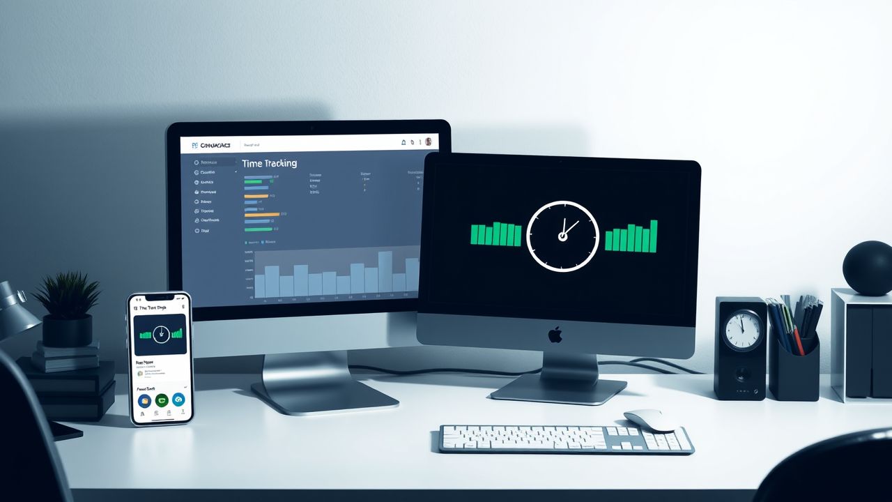 Een opgeruimd kantoorbureau met computer en tijdregistratie software.