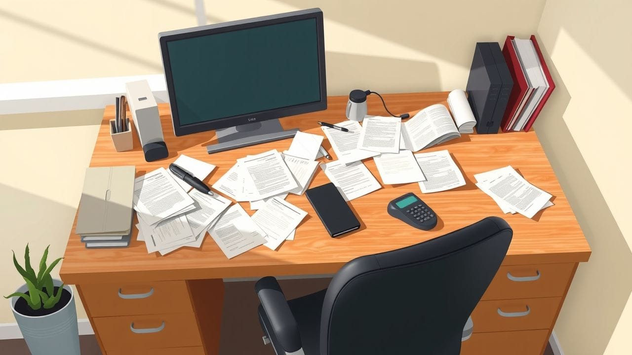 Een rommelig kantoorbureau met documenten en computer illustreren loondispensatie in Nederland.